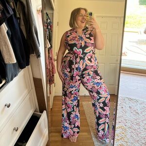 Ulla Popken Black Floral Tropical Wide-Leg Jumpsuit with Pink & Blue Print